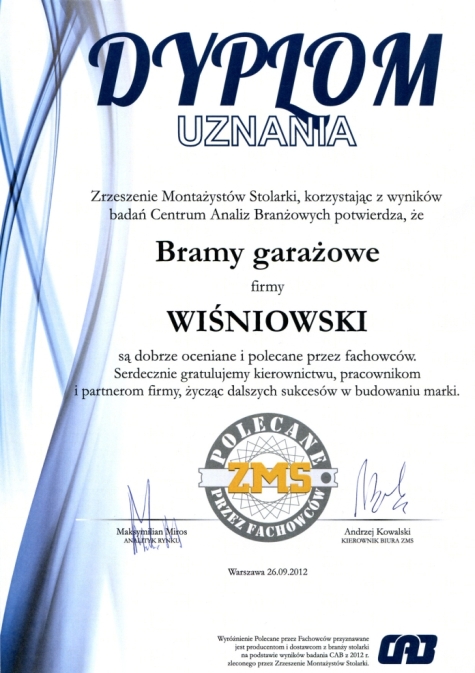 WIŚNIOWSKI - Dyplom Zrzeszenie Montażystów Stolarki